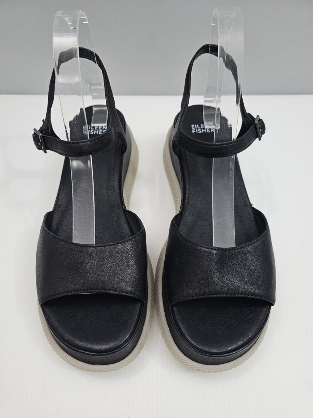 Eileen Fisher Airo Platform Wedge Sandal Womens 9 Black Leather Ankle Strap - Picture 4 of 13
